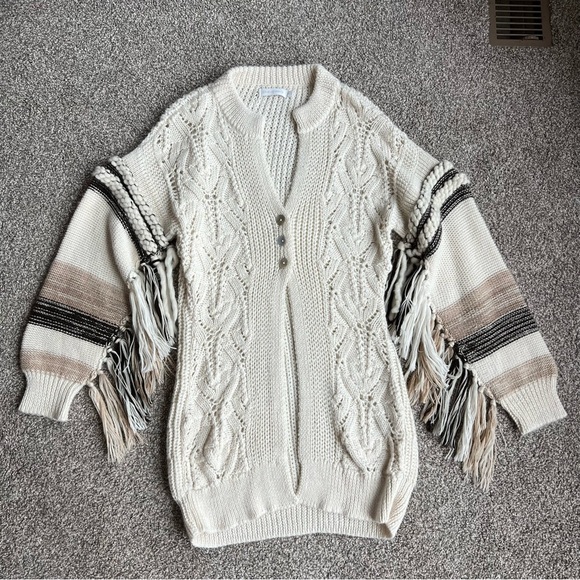 Jonathan Simkhai Cream/Brown, Wool/Alpaca Blend Knit Fringed Cardigan, Size XS - Picture 1 of 13